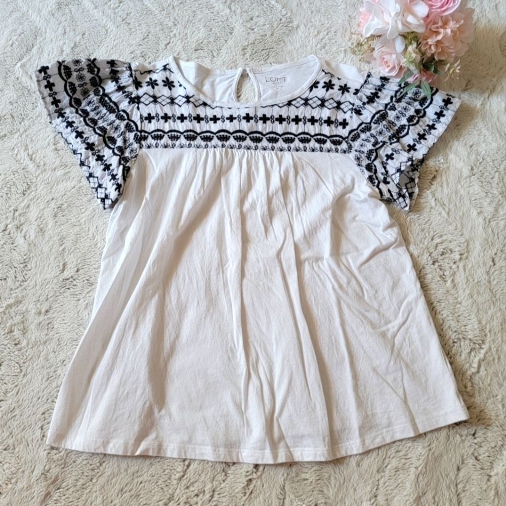 Loft Outlet 100%‎ Cotton Stitch Embroidered Collar Flare Short Sleeve SP